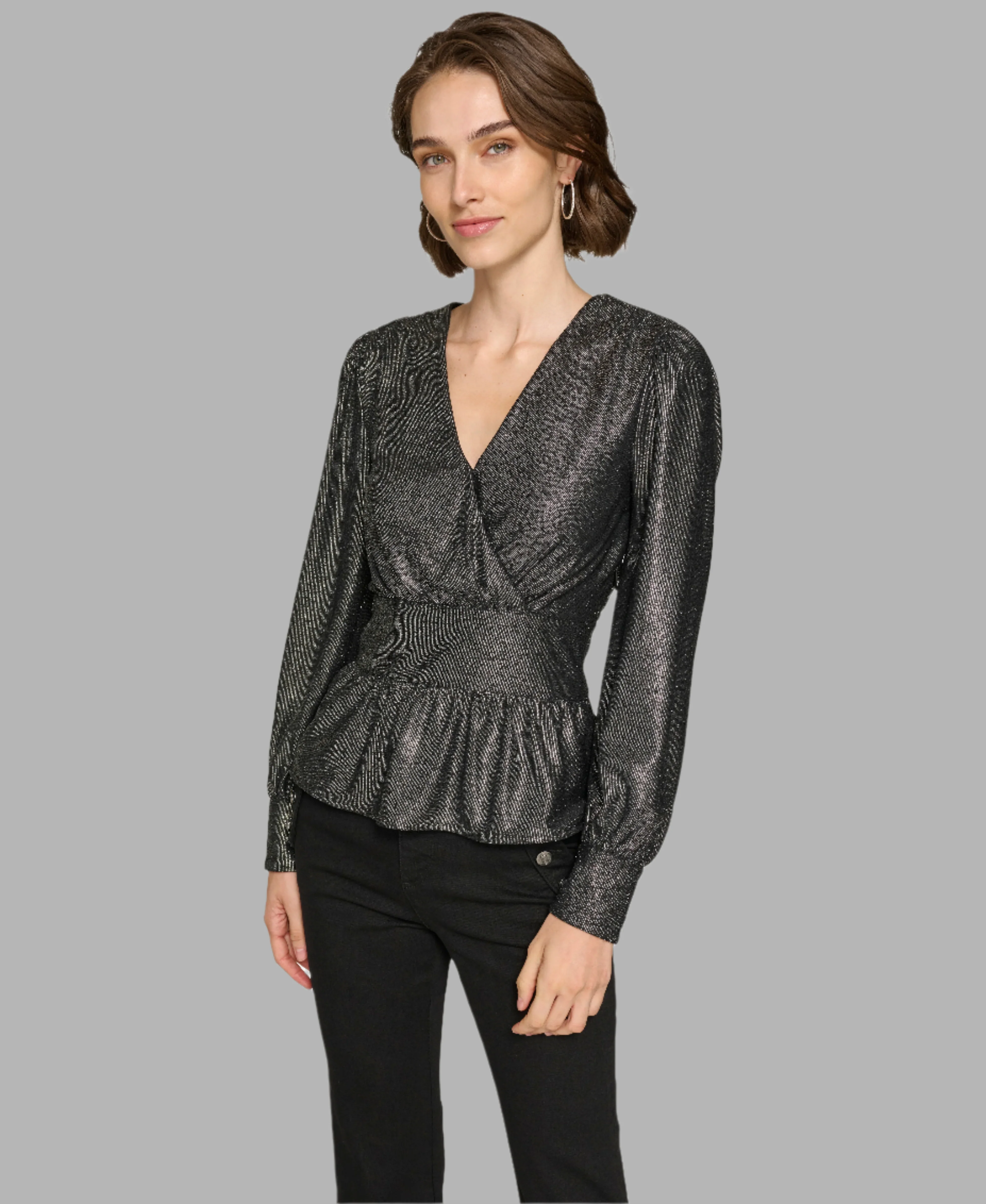 LONG SLEEVE LUREX STRIPE PEPLUM TOP