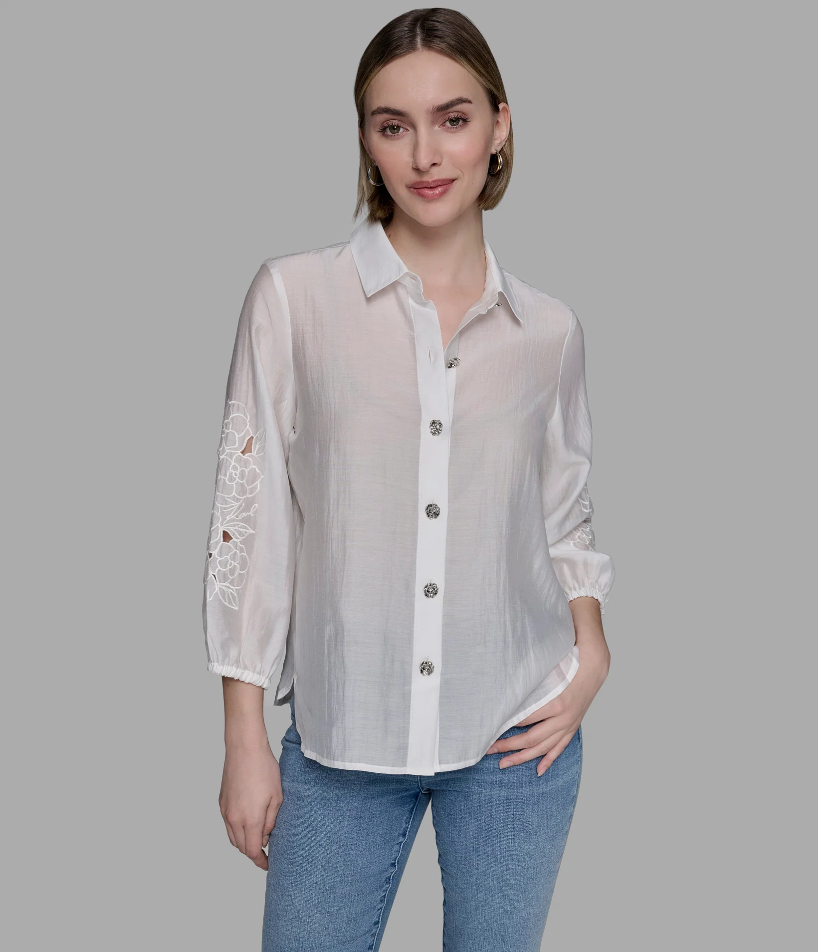EMBELLISHED SHIRT WITH EYELET SLEEVE