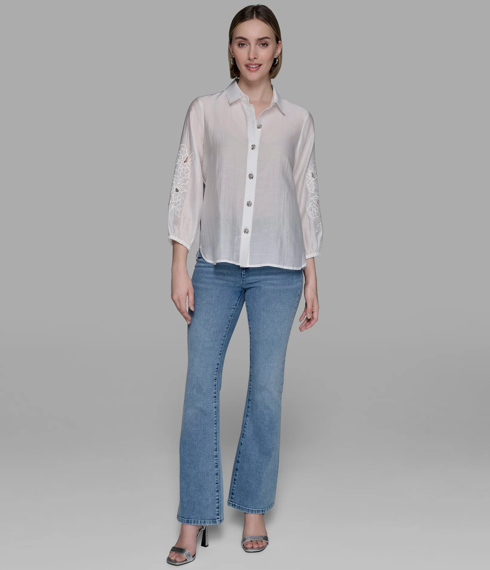 EMBELLISHED SHIRT WITH EYELET SLEEVE