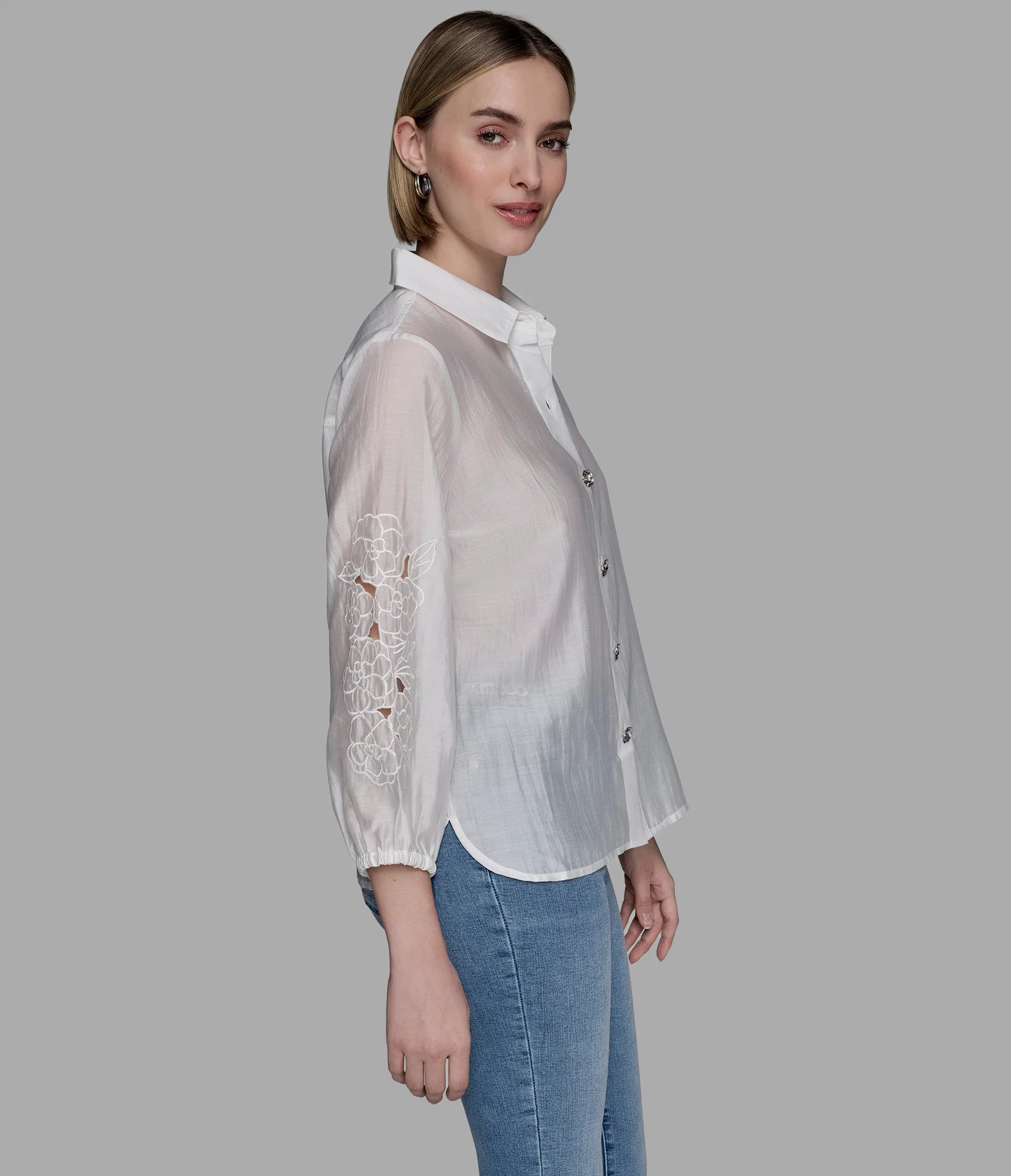 EMBELLISHED SHIRT WITH EYELET SLEEVE
