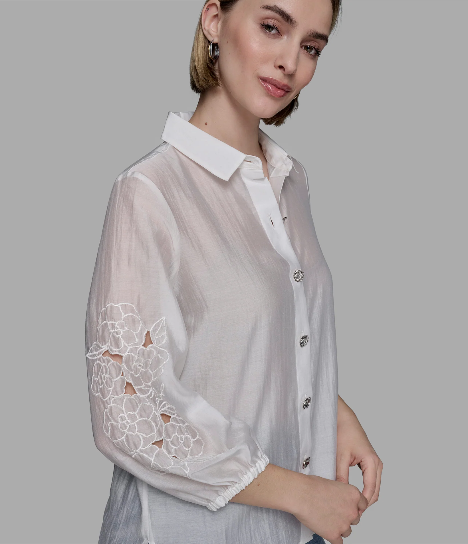 EMBELLISHED SHIRT WITH EYELET SLEEVE