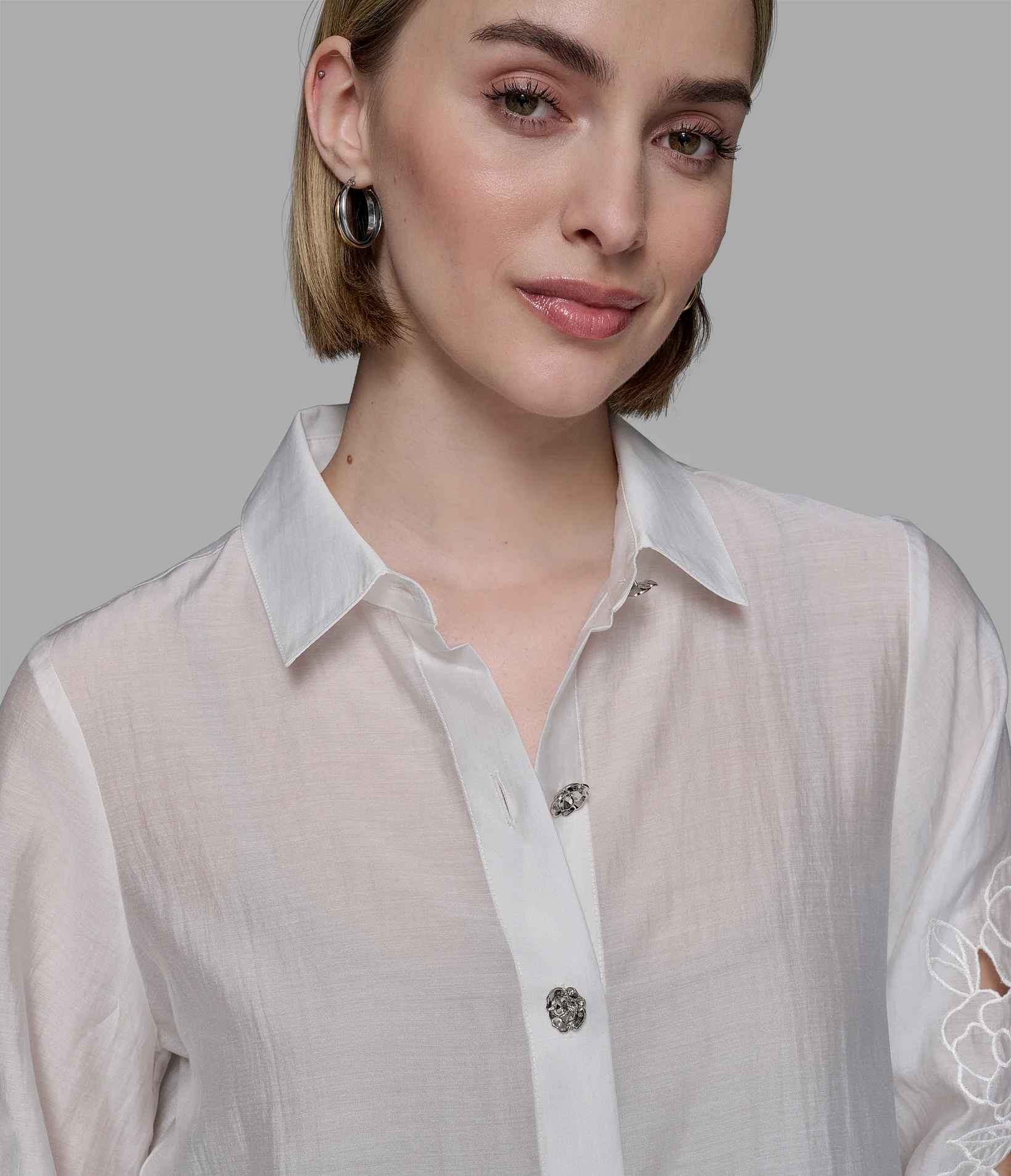 EMBELLISHED SHIRT WITH EYELET SLEEVE