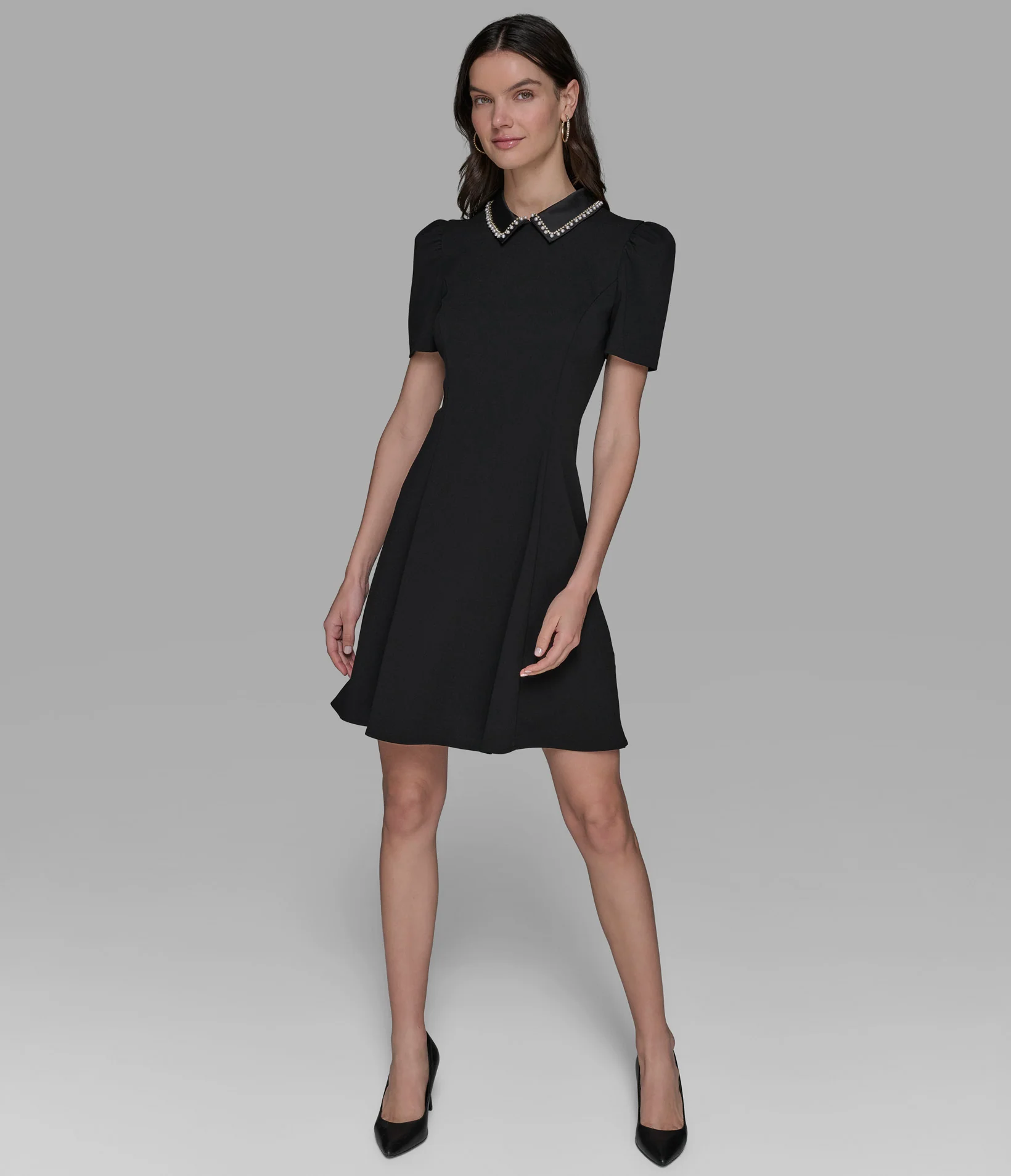 SCUBA CREPE A-LINE DRESS WITH EMBELISHED COLLAR