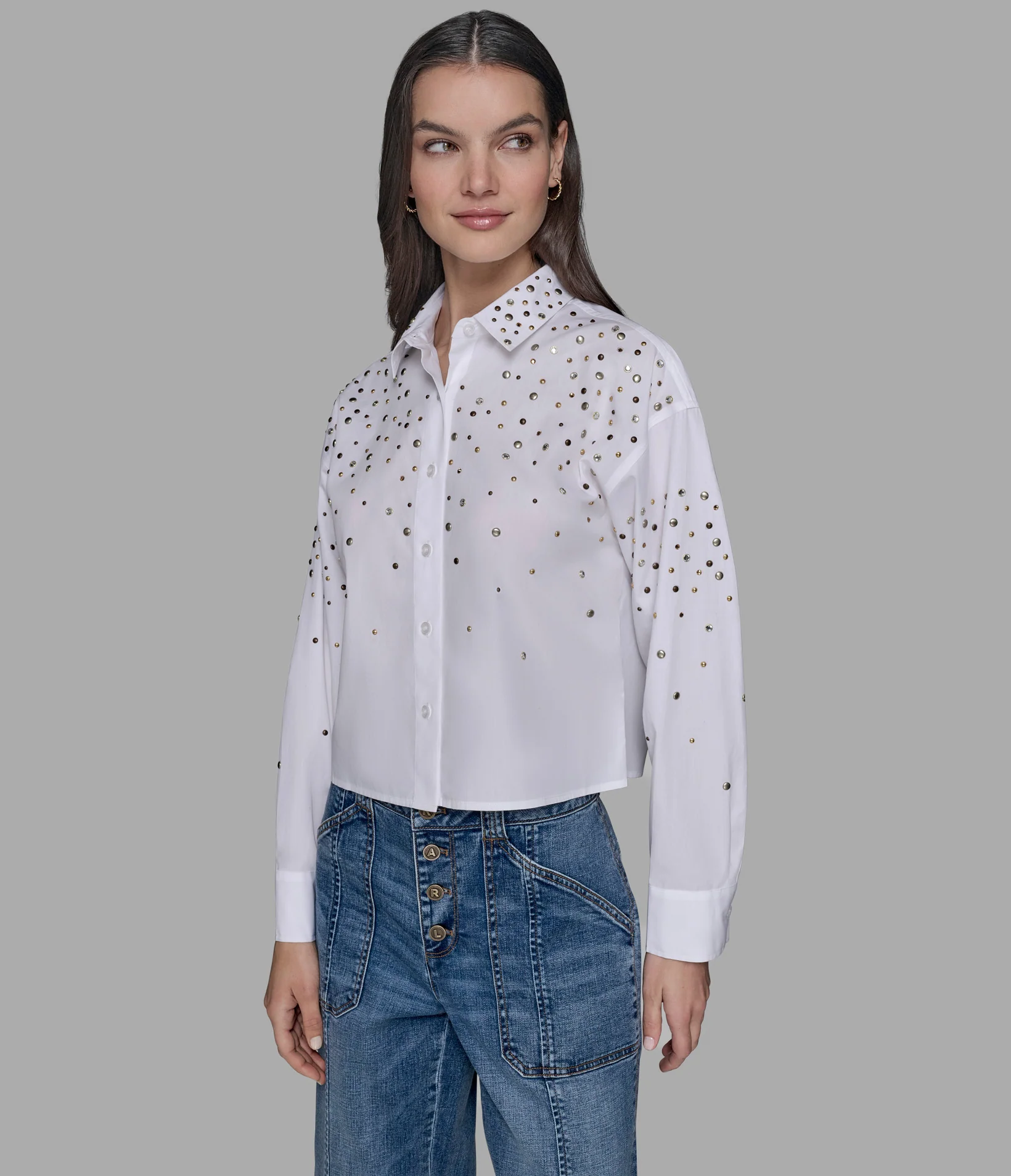 LONG SLEEVE CROP STUDDED POPLIN SHIRT