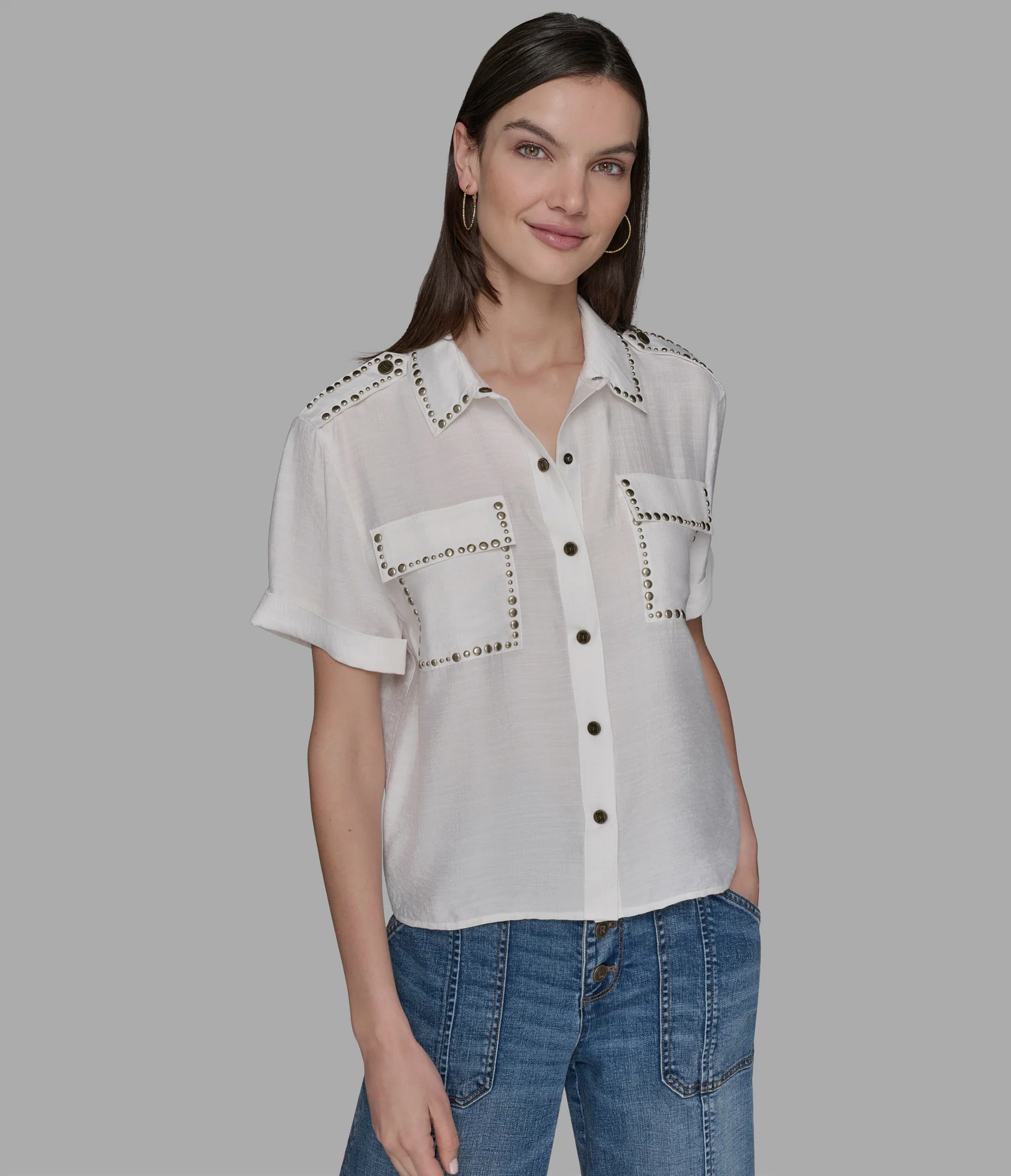 STUDDED WOVEN CAMP SHIRT
