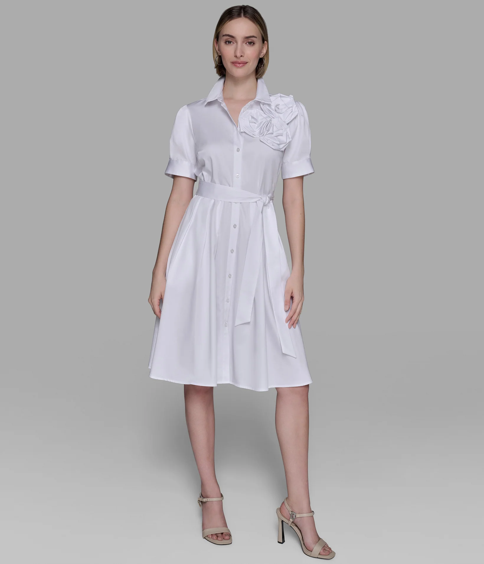 BELTED SHIRT DRESS WITH FLORAL APPLIQUE