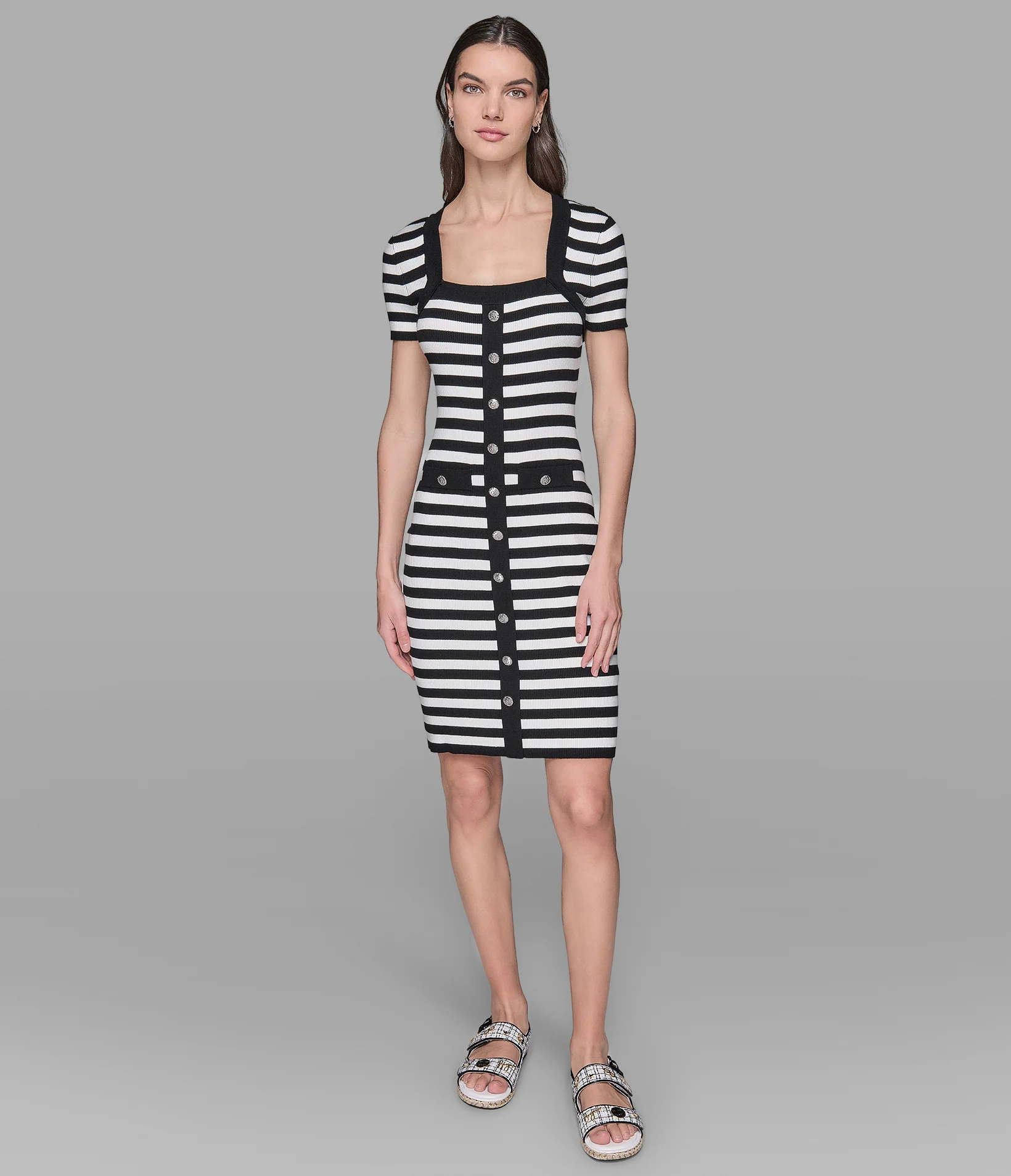 SHORT SLEEVE STRIPED SWEATER DRESS