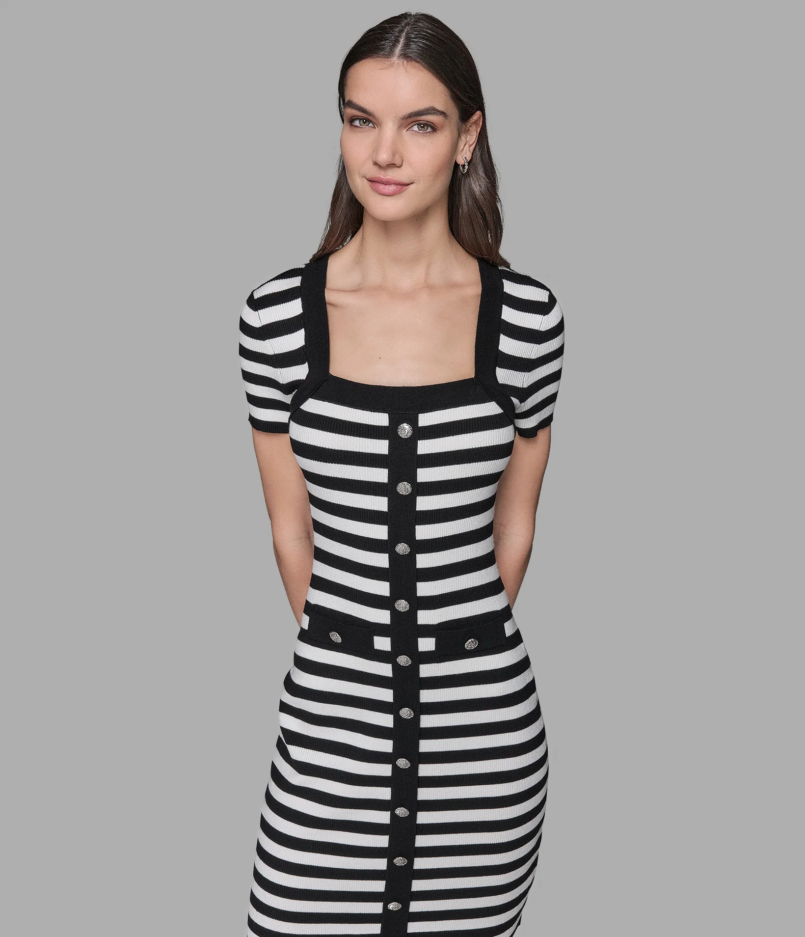 SHORT SLEEVE STRIPED SWEATER DRESS