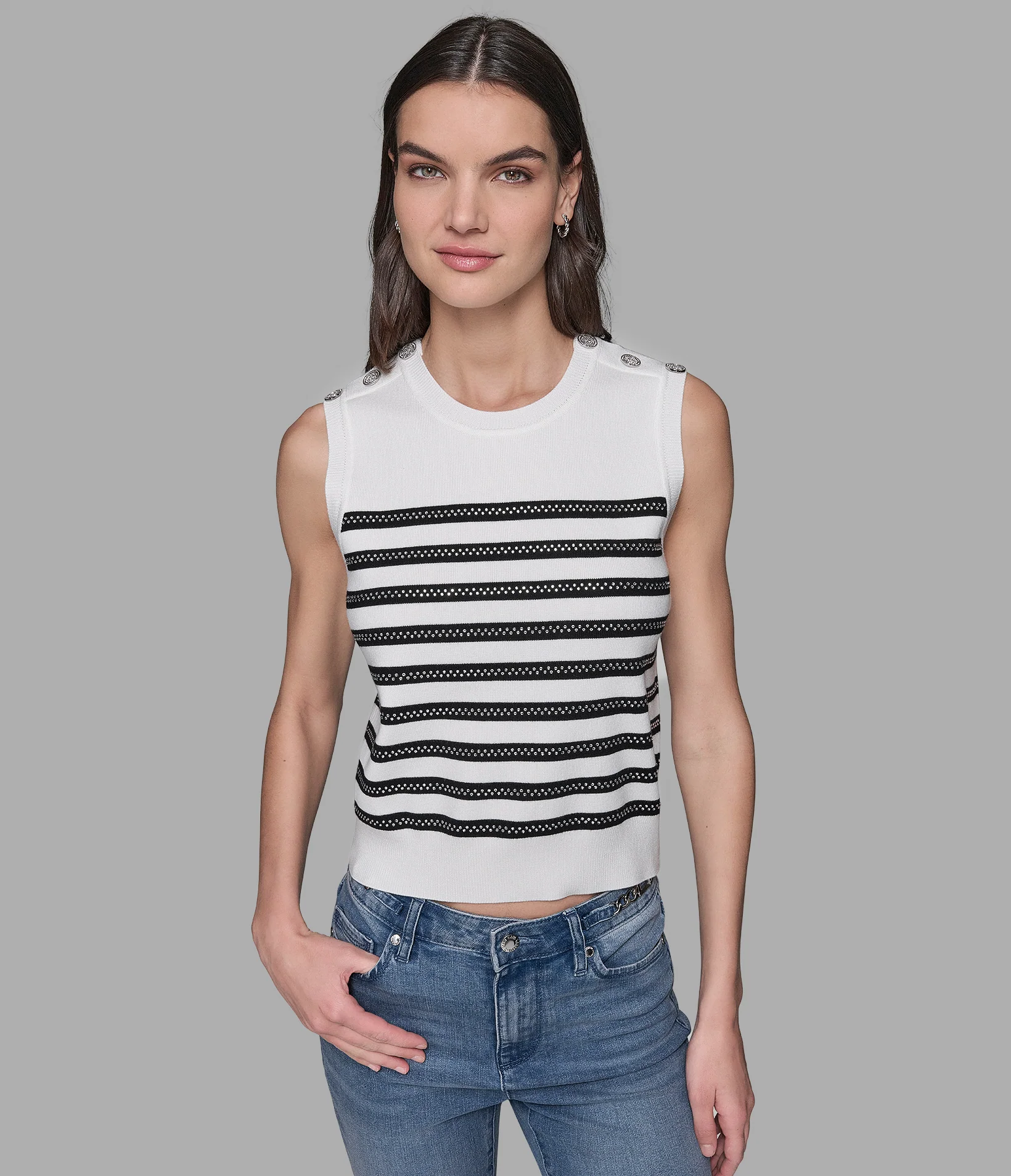 CAPSULE SLEEVELESS STRIPED SHELL SWEATER