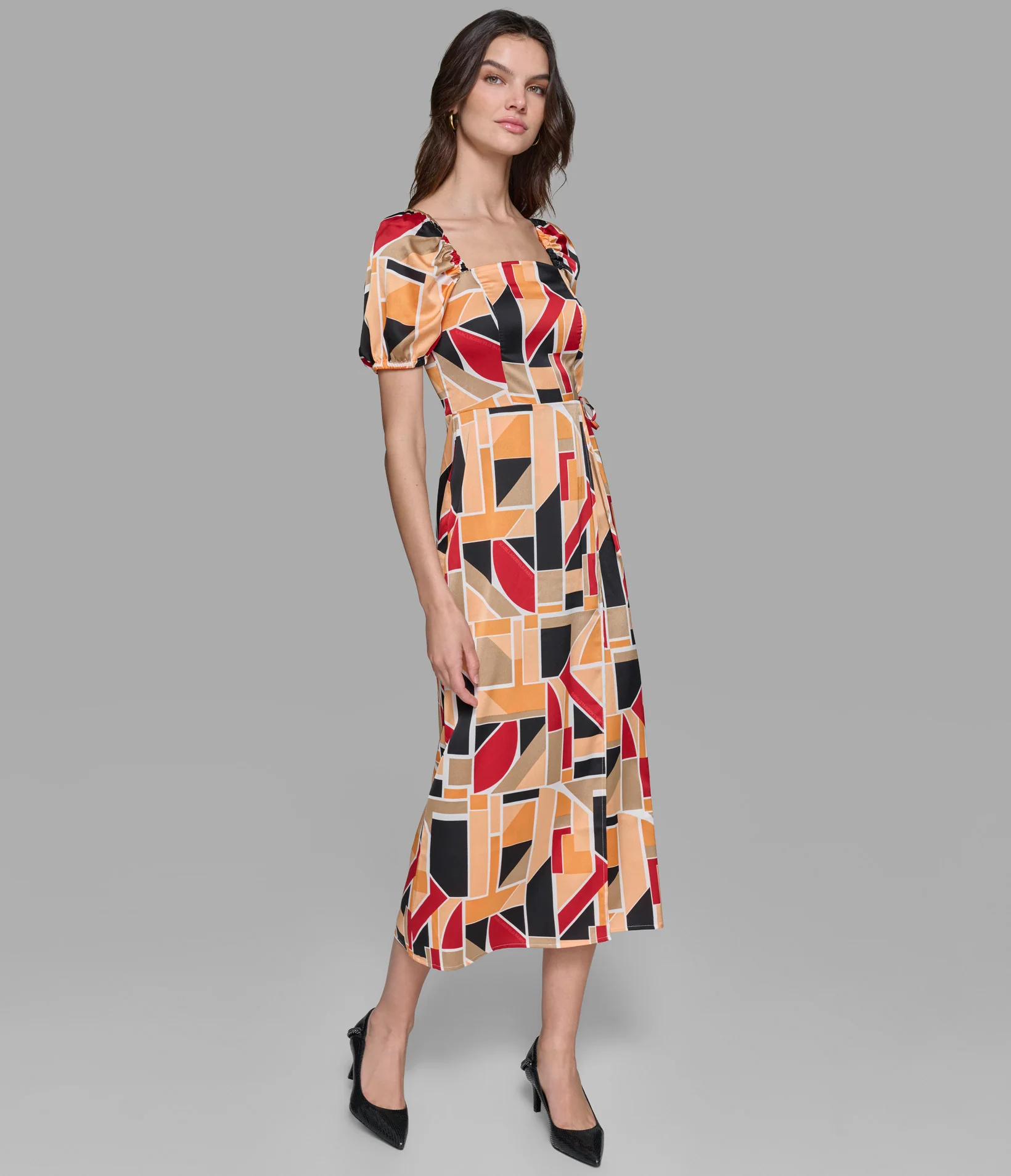 PUFF SLEEVE WRAP MIDI DRESS